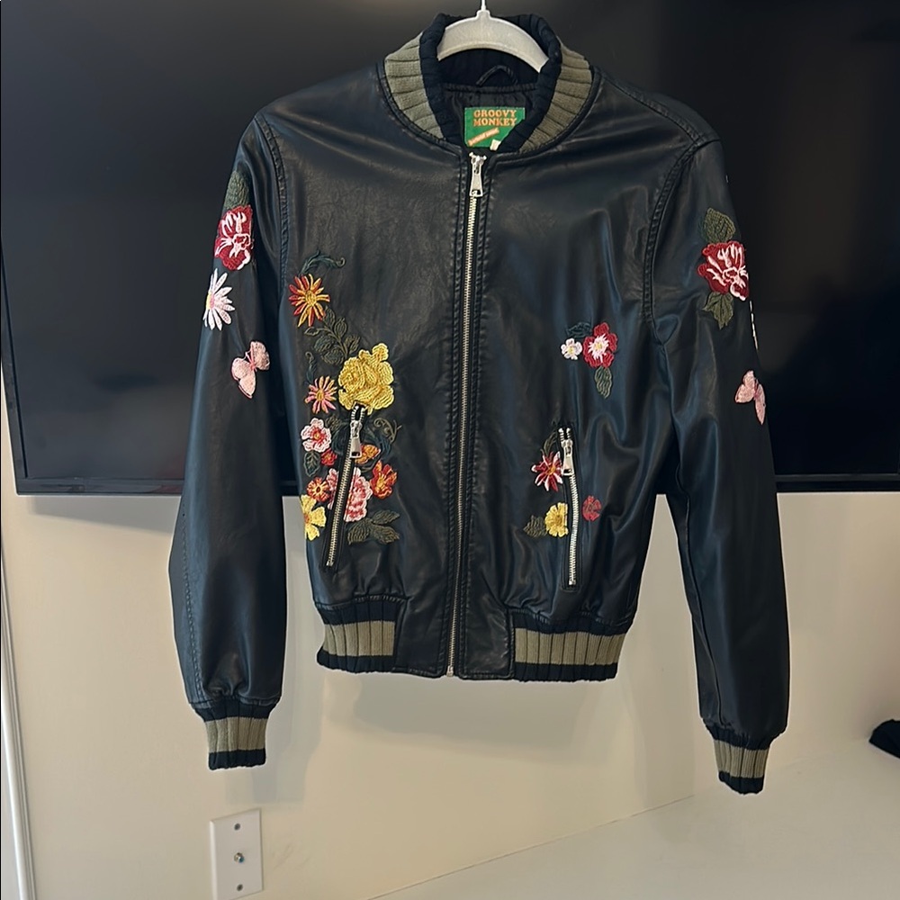 Schott NYC Black Leather Jacket with Floral Embroidery